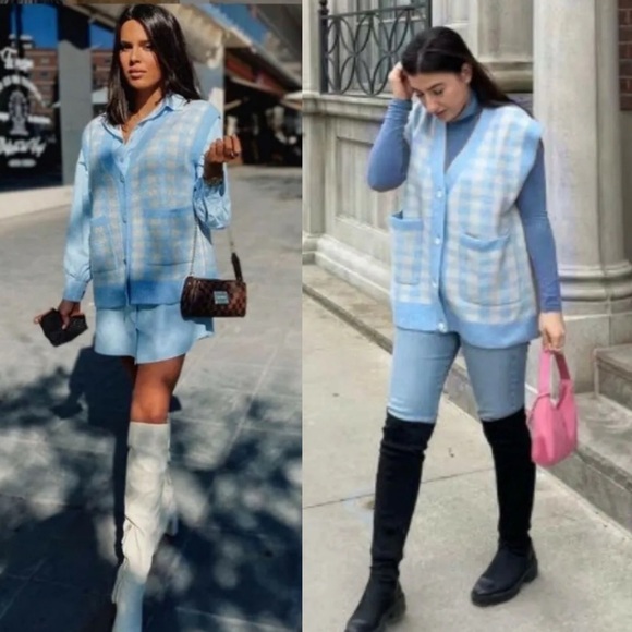ZARA BLOGGER’S Favourite PLAID CHECK KNIT VEST With RHINESTONE BUTTONS S - Picture 4 of 16